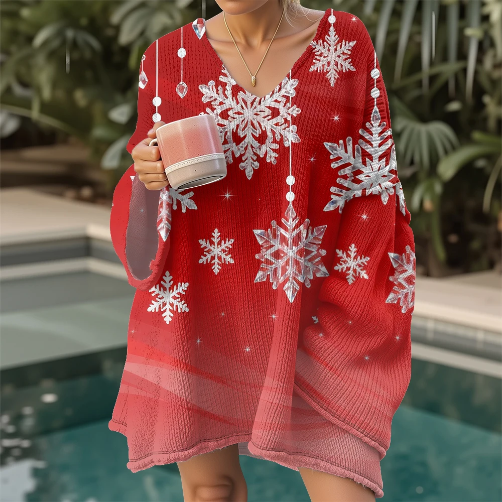 

Oversized Fit Casual Chic Christmas Pullovers Sexy V Neck Long Sleeve Loungewear Snowflake Print Holiday Jumpers Resort Wear