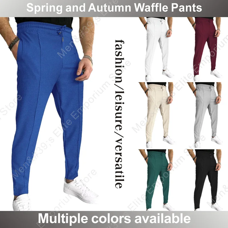 Mens Stylish Waffle Pants - Casual Sports Slim Fit with Adjustable Drawstring Secure Pockets for All Seasons - Perfect Outdoor
