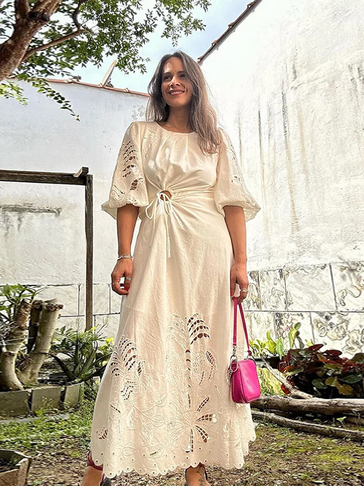 

Elegant White Lace Embroidery Women Dress Office Ladies Temperament Half Sleeve Maxi Dresses Loose Vacation Party Robe