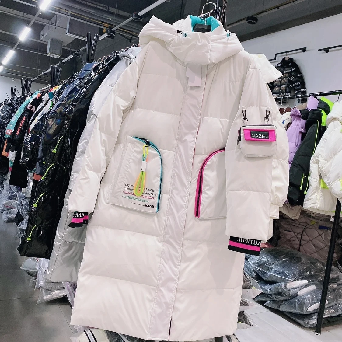 Winter Glossy Long Hooded Jacket Parka Women White Duck Down Big Pocket Knee Length Down Jacket Female Warm Down Outwears Coat