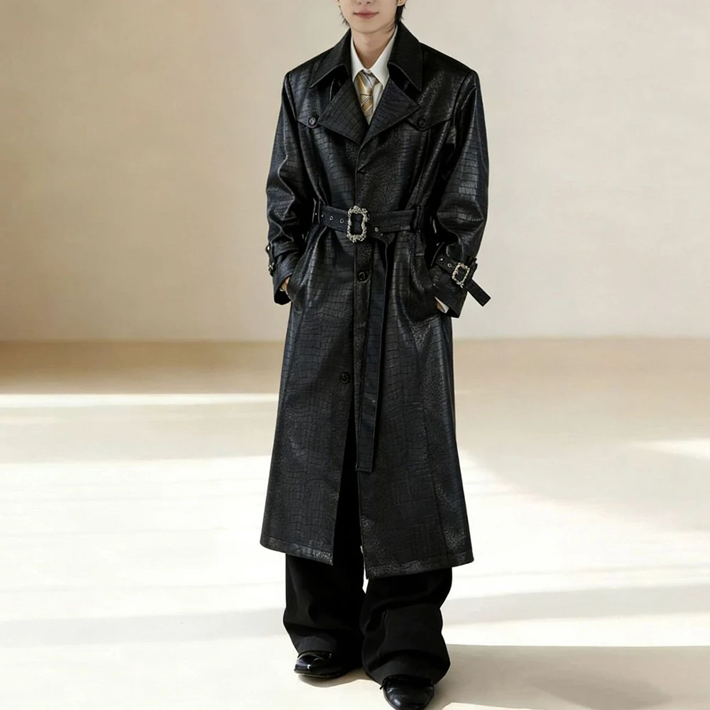 Mens Crocodile Embossed Deconstructed Cinched Waist Leather Mid-Length Jacket Spring Streetwear Fashion Youth City Boy Y2k Coat