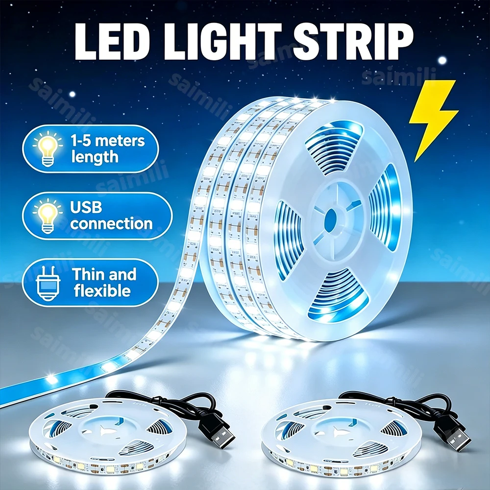 

USB 5V Flexible LED Light Strip Cuttable Adhesive Night Light Ribbon for TV Backlight Cabinet Wardrobe Kitchen Bedroom Lighting