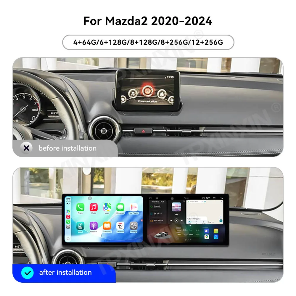 Dual 10.1 Inch Car Radio For Mazda 2 2020-2024 Android 15 CarPlay HD Screen GPS Navigation Multimedia Player Stereo Head Unit