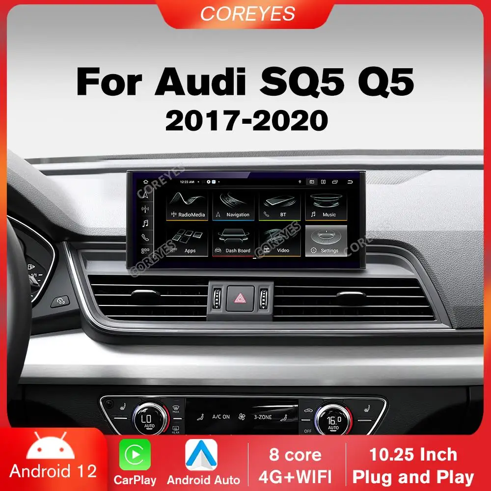 

COREYES 10,25-дюймовый автомобильный радиоприемник Carplay для Audi SQ5 Q5 2017-2020, LHD Android 12, мультимедийный плеер, GPS-навигация, головное устройство Bluetooth