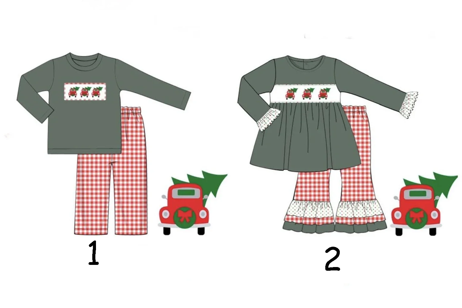 Wholesale Children's Holiday 2 Piece Set Matching Autumn Clothing Green Top Red Plaid Pants Truck Mounted Christmas Tree Print C