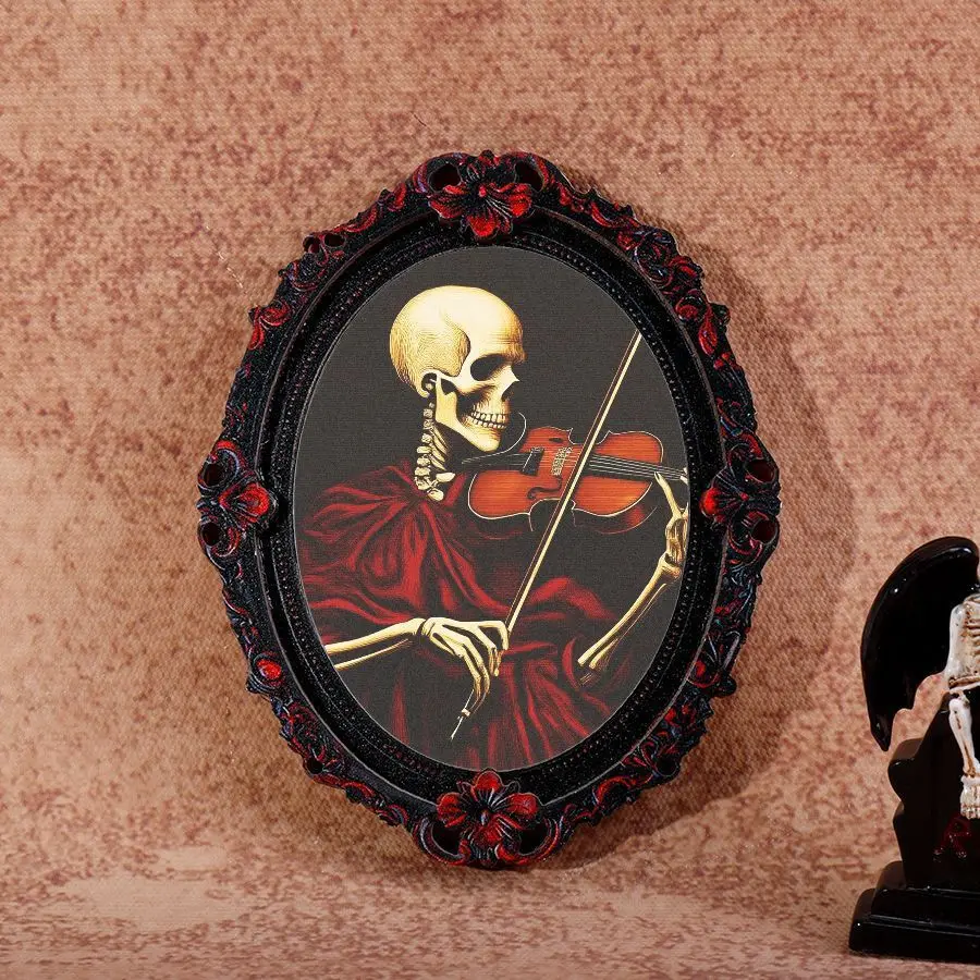 3D Wooden Frame Fridge Magnet Black Oval Skeleton Playing Violin Decor