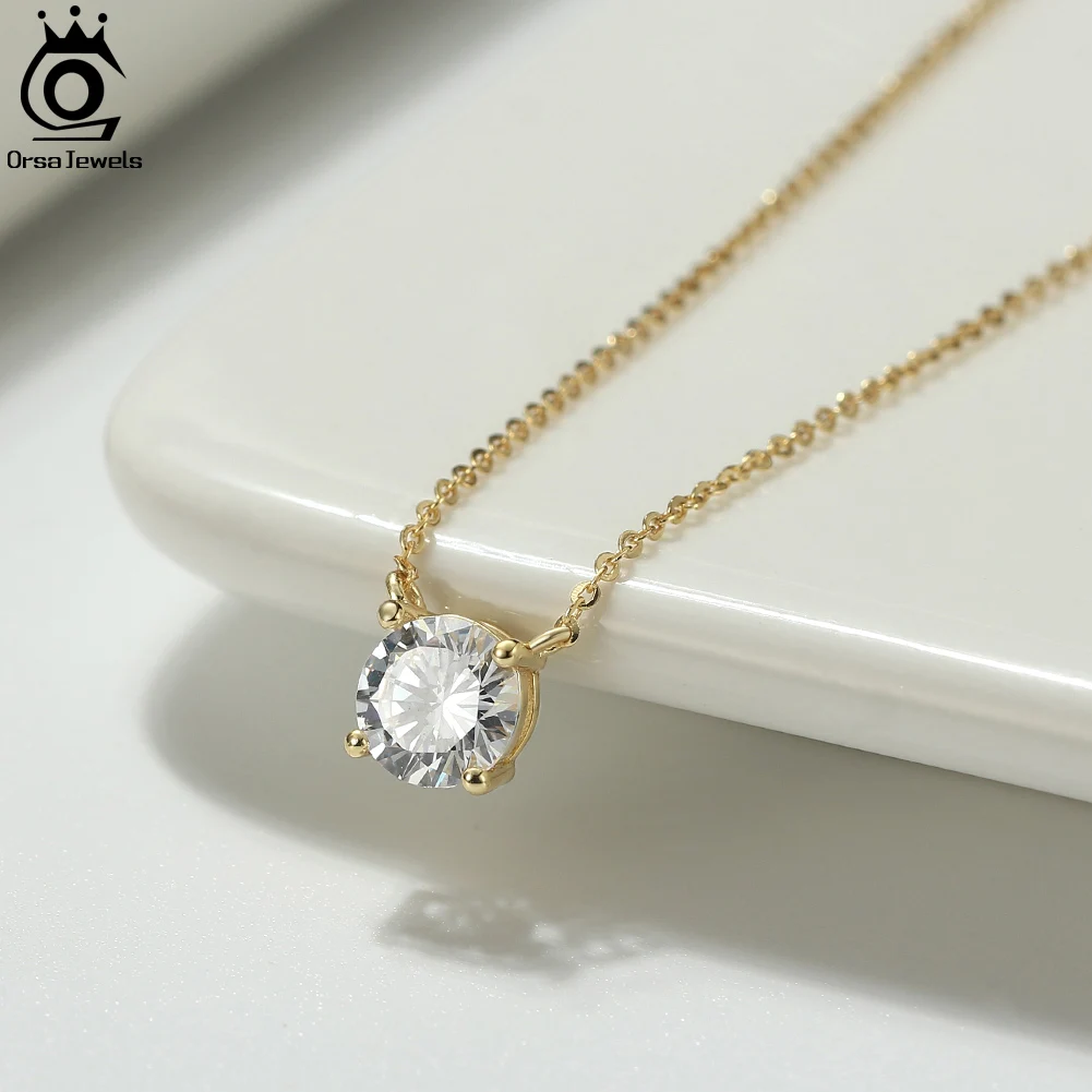 ORSA JEWELS Real S925 Silver Solitaire Zirconia Pendant 14K Gold Plated Elegant Women Necklace Wedding Jewelry for Girls APN13