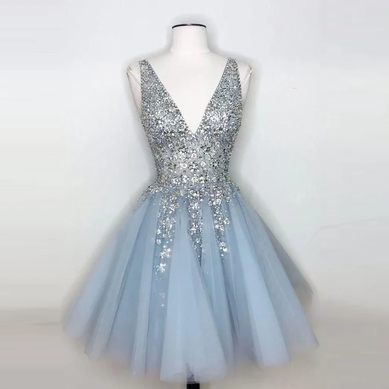 Impresionante vestido de regreso a casa azul, cuello en V profundo, sin mangas, vestidos de graduación, línea A con lentejuelas, Mini vestidos de fiesta, vestidos de Graduación