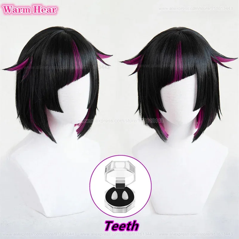 在庫あり リリア・ヴァンルージュ コスプレウィッグ アニメ ショート 30cm ブラック ハイライト パープル ウィッグと歯付き 耐熱性合成パーティーウィッグ