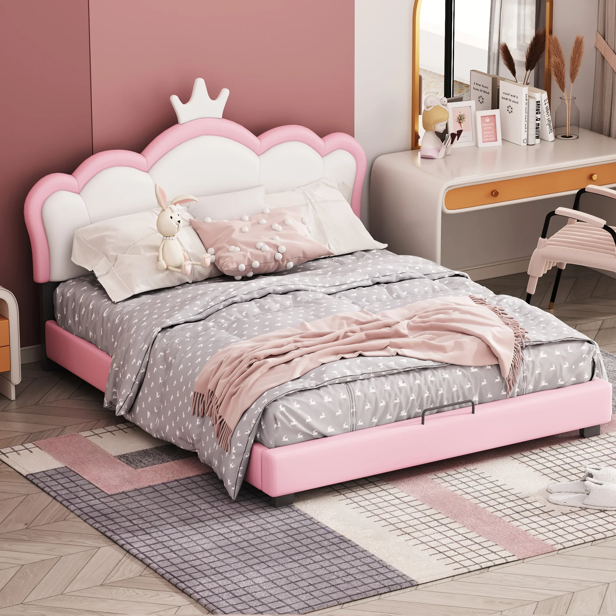 VSOGA Children's Bed Upholstered Bed 140 X 200 Cm With Slatted Frame And Backrest, Girls' Bed With Crown Molding