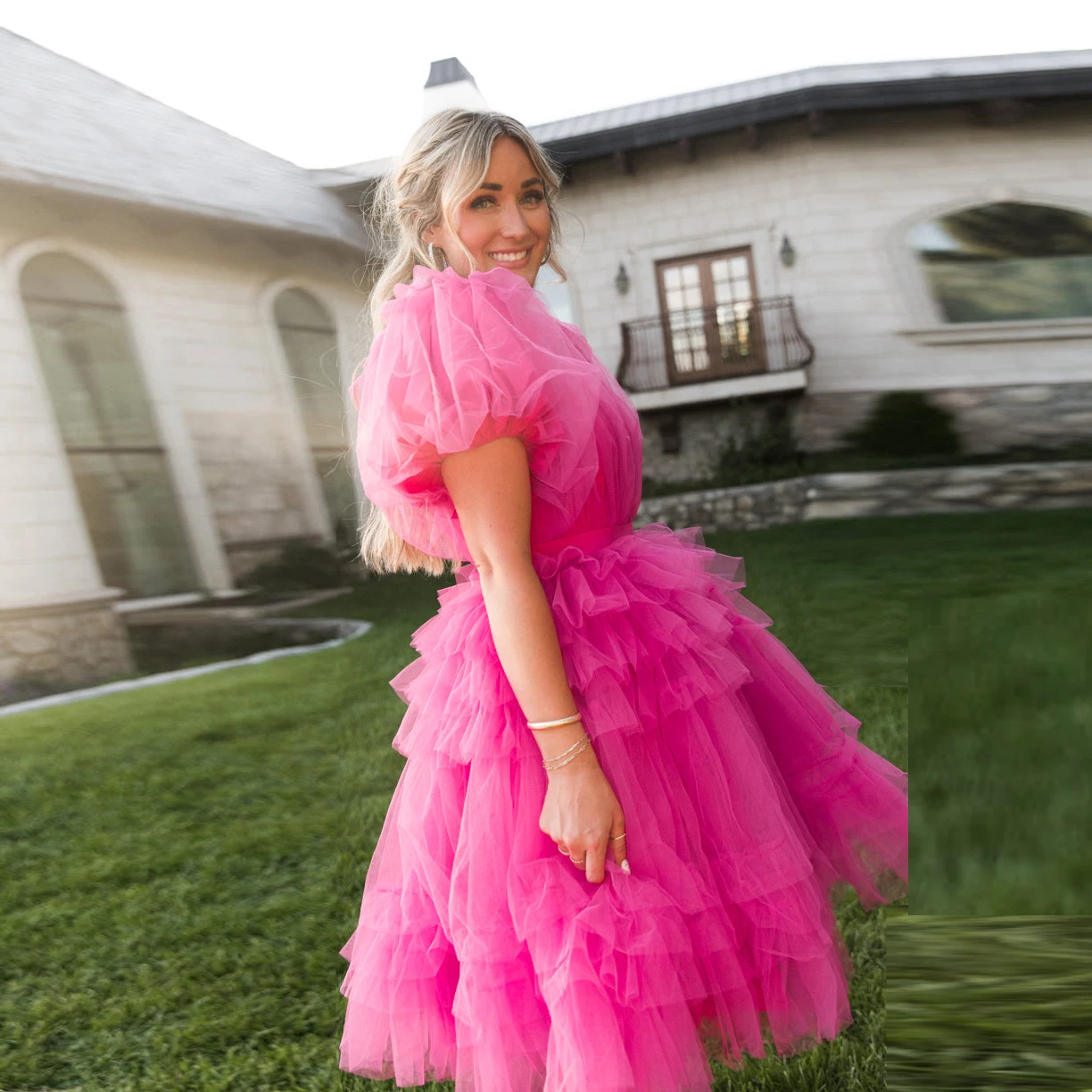 Vestidos de baile rosa chique para mulheres, altura do joelho, manga em camadas, vestidos de festa curtos, fotografia de menina