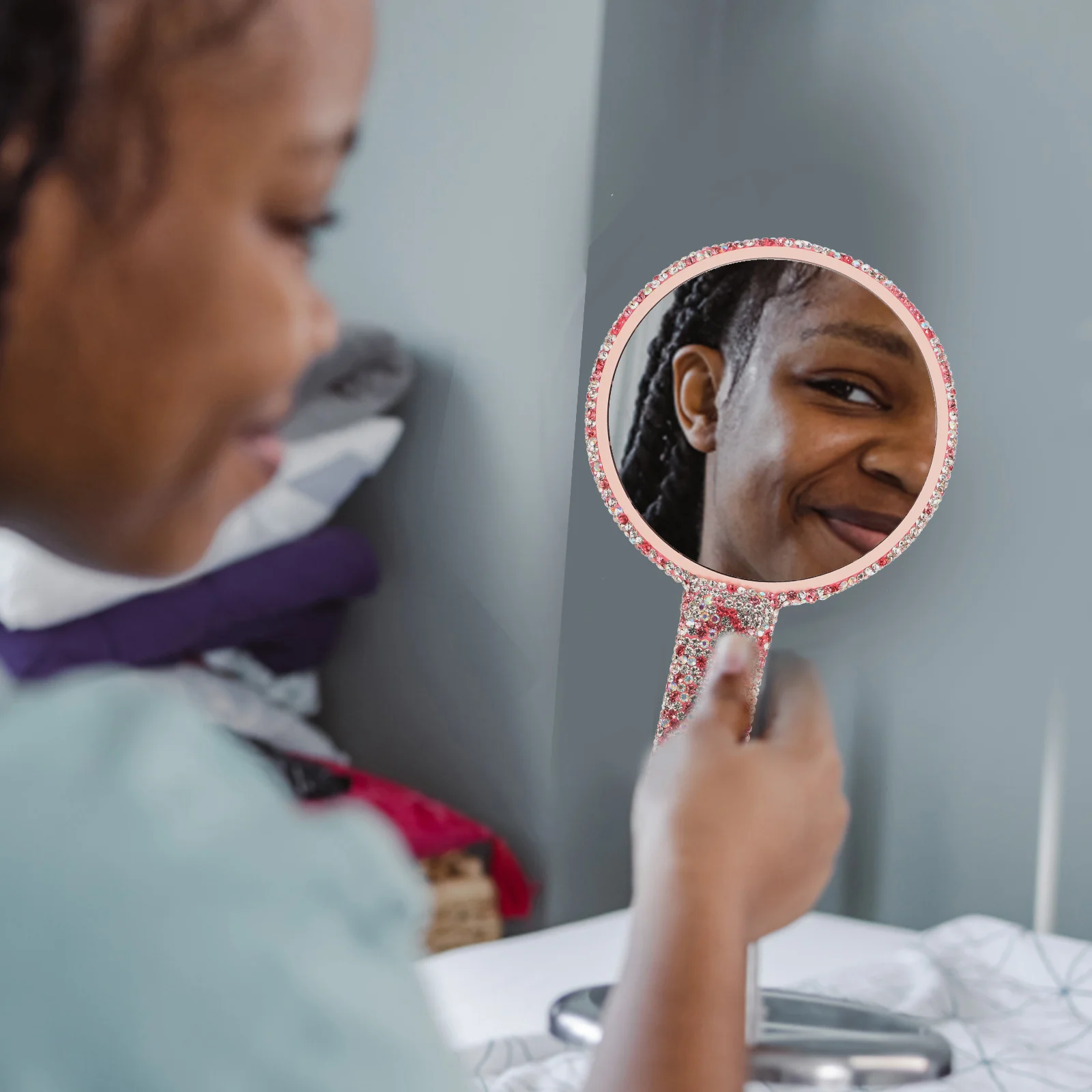 Chic Rhinestone Accent Mirror Handheld Mirror for Women Shatterproof Clear Reflection Easy Carry Design