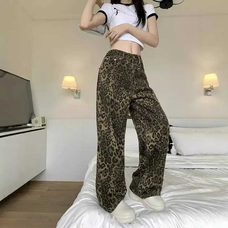 Mulheres moda americana retro jeans com padrão leopardo, calça reta, solta, hip hop, dança de rua, shpmishal, outono, novo, 2022