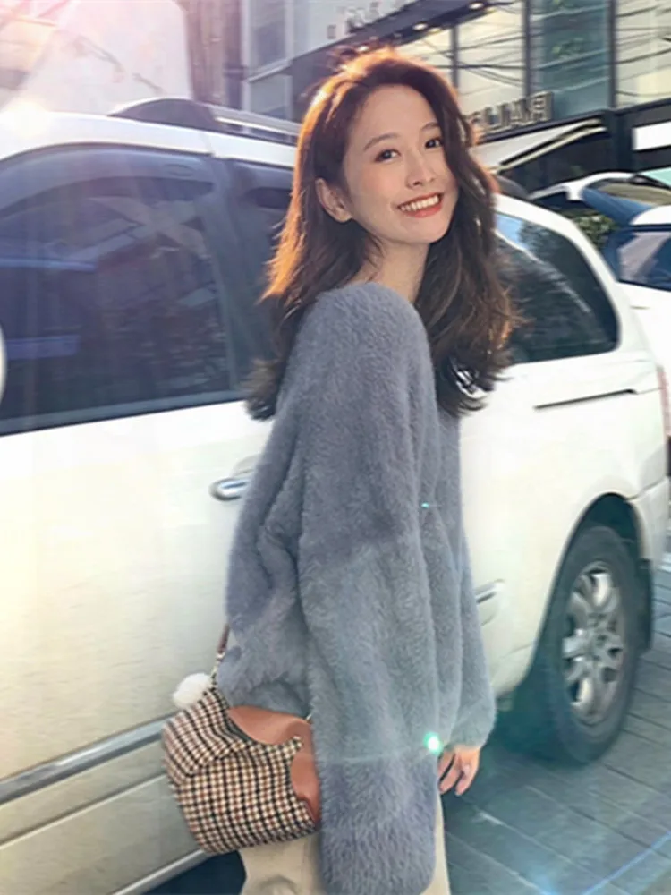 

Светло-голубой вязаный свитер из норкового бархата, весенне-осенний, в японском стиле, удобный, в корейском стиле, для повседневной носки