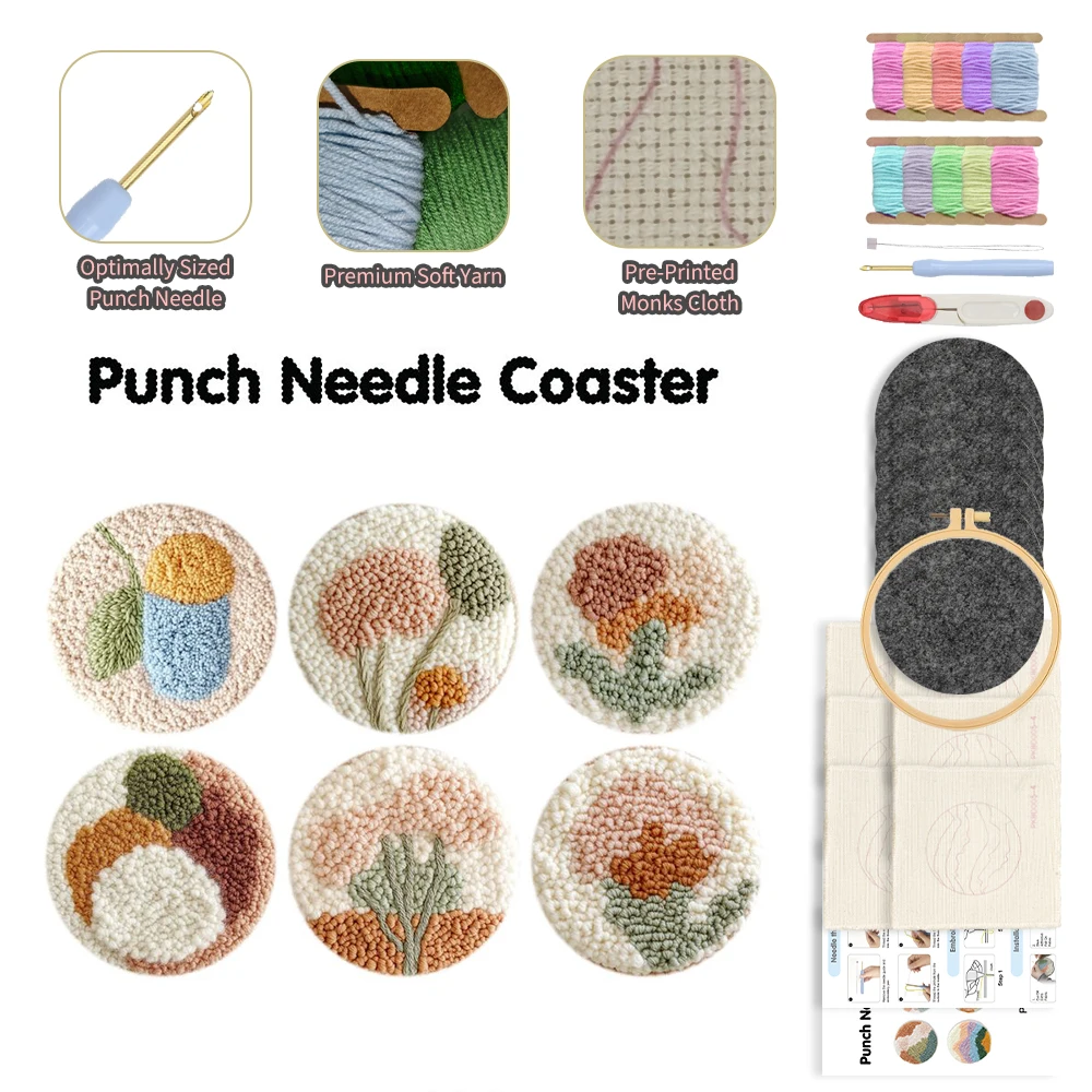 

6pcs Flowers Punch Needle Embroidery Coaster Set For Adult Punch Needle Embroidery Set Tufting Coaster Art and Crafts
