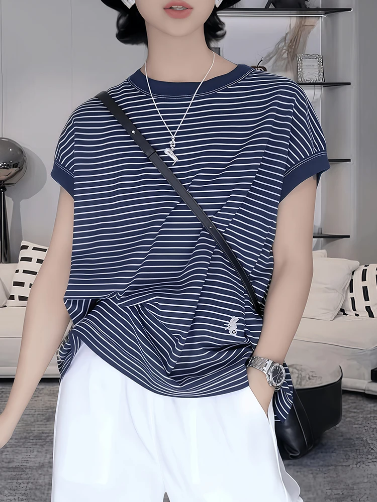 Basic Stripe Short Sleeve T-Shirt Women's Loose Casual Summer New Style Polyester Fiber Skin-friendly Breathable round Neck Top