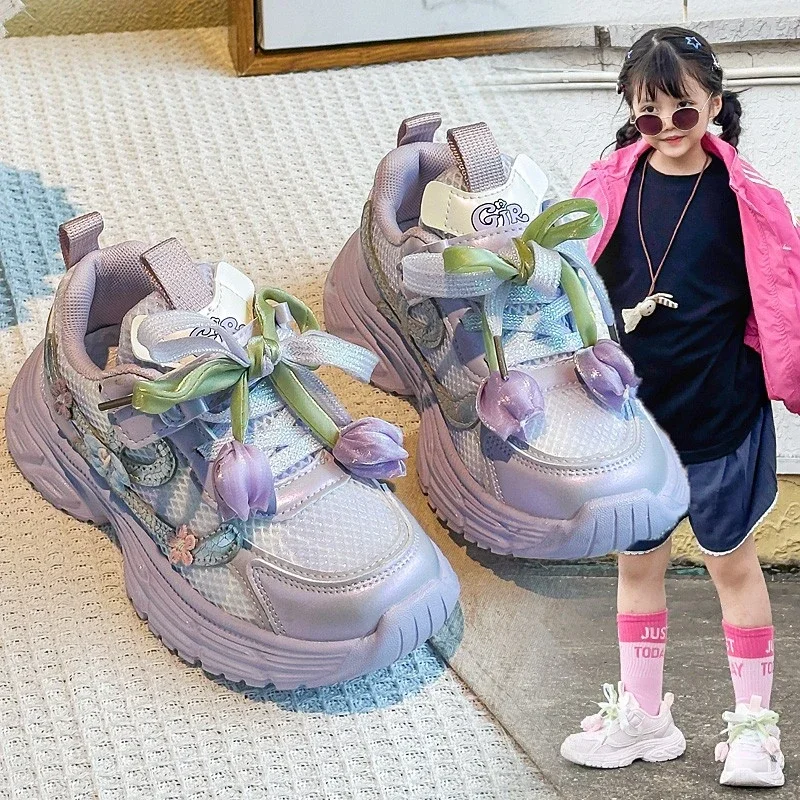 

Girls Sports Shoes Princess Style Sweet Flowers for Kids Sneakers Casual Non-slip 2025 Spring Autumn Children Running Shoes Mesh