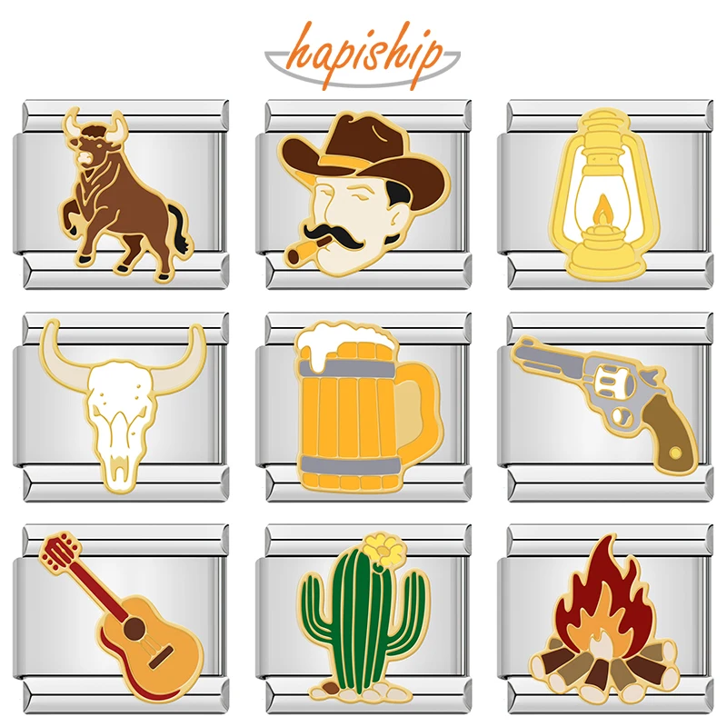 Hapiship Western Cowboy Italian Charms Bull Cactus Campfire Guitar Fit 9mm Stainless Steel Bracelet Jewelry DJ2402-B
