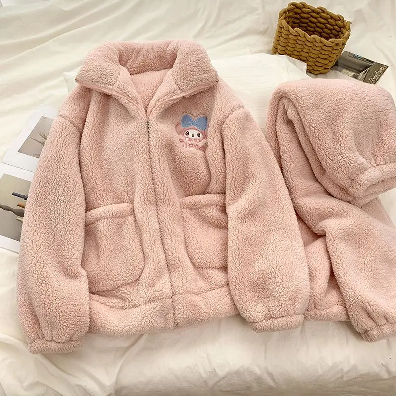 

Розовые модные милые пижамы с героями мультфильмов My Melody для девочек, утолщенный теплый кардиган на молнии, плюшевая домашняя одежда, которую можно носить на улице