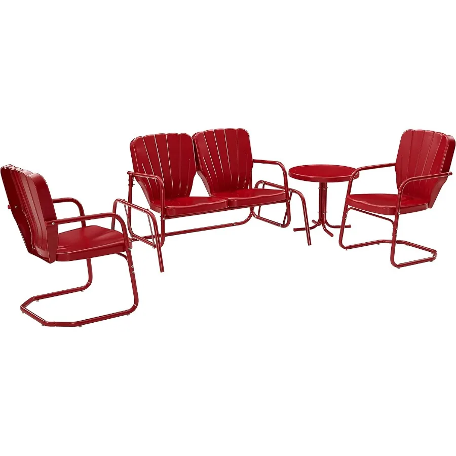 

4-Piece Retro Metal Outdoor Loveseat Glider Patio Furniture Set for Porch, Deck, Bright Red Gloss