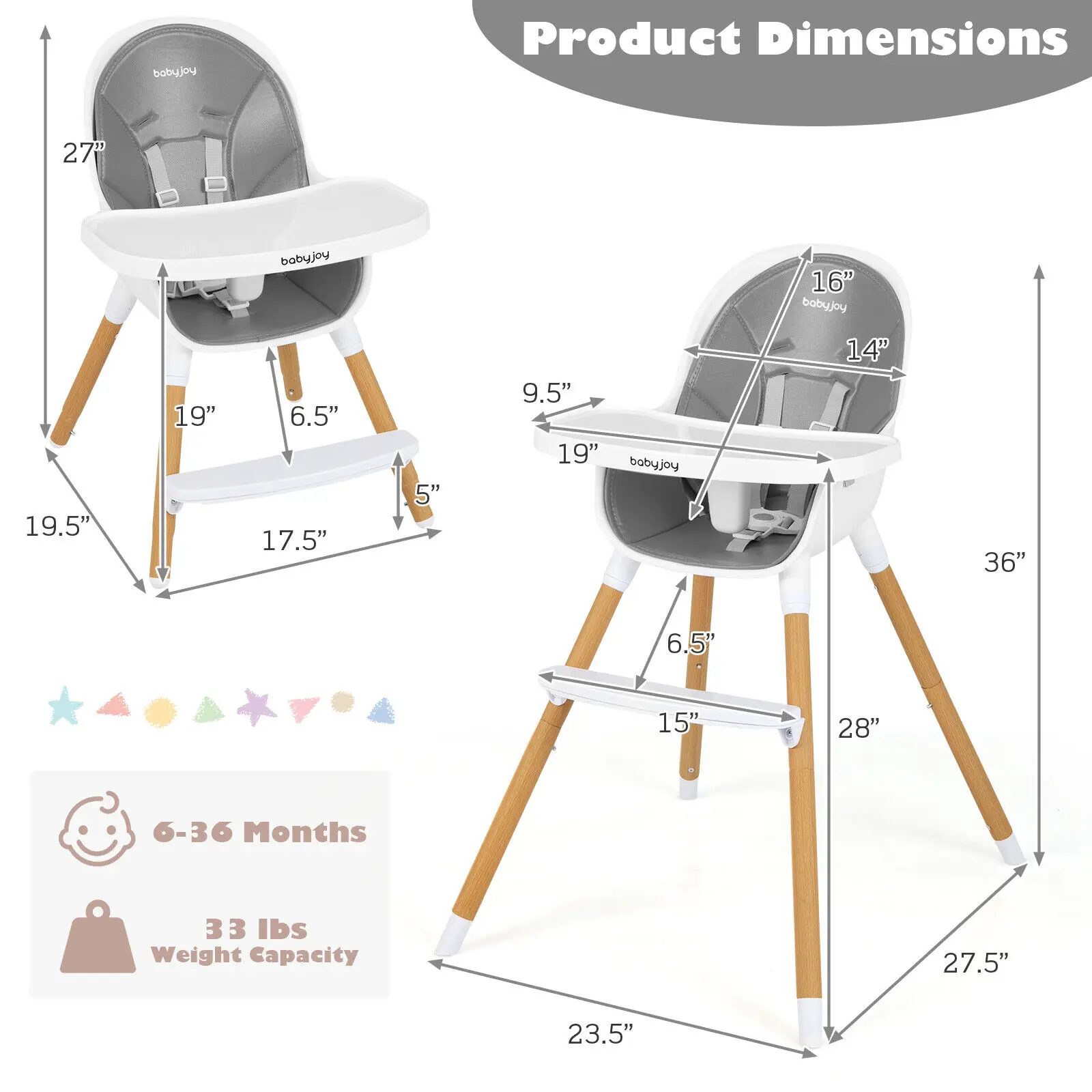 Babyjoy-silla alta Convertible 4 en 1 para bebé, silla de alimentación infantil con bandeja ajustable, color gris