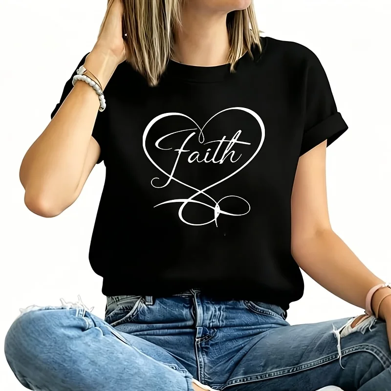 A Black Background with a Heart That Says Faith and Faith Women's Plus Size T-Shirt 100% Cotton 220g