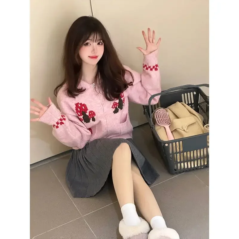 Gaganight Women O neck Pink Lazy Style Sweet Knitted Cardigan 2024 Autumn Winter New Mushroom Jacquard Sweater Jacket Zipper Top