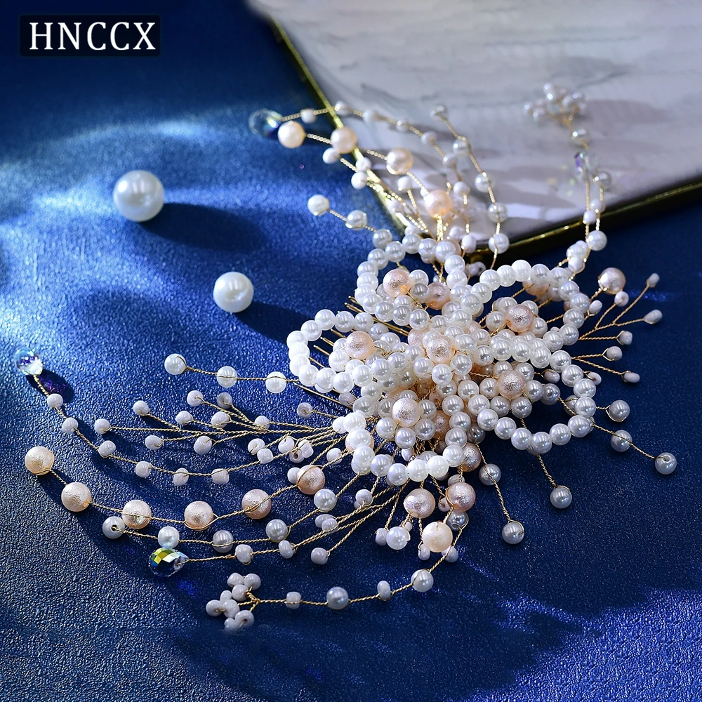 HNCCX Pink Pearl Gold Color Hair Combs Bridal Hair Accessoaries for Women Bride Pearl Crystal  Headpiece Bridesmaid Gift CP723