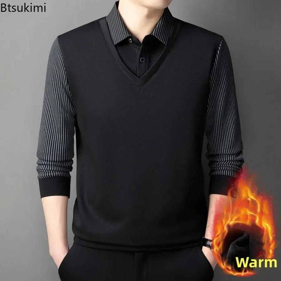 New Men's Casual Business Knitted Sweaters Autumn Winter Fashion Fake Two-piece Shirt Collar Fleece Warm Pullover Versatile Tops