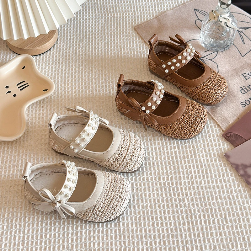 Girls Flats Mary Jane Shoes Children Princess Pearls Decor Shoes with Bow-knot Fashion Kids Weave Princess Dress Shoes