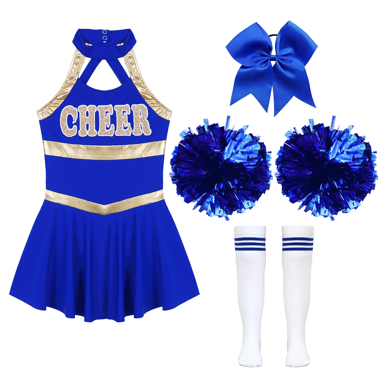 6-16Y Girls Cheerleading Uniform Jazz Dance Sports Meeting Performance Costume Dress with Headwear Ball Flowers Tube Socks Set