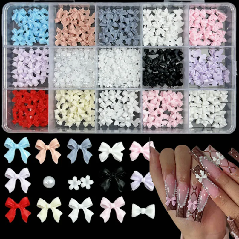 1 Box Mixed Resin Flower Pearl Nail Charms White Pink Bowknot Nail Art Decorations Accessories Manicure DIY Handmade Crafts