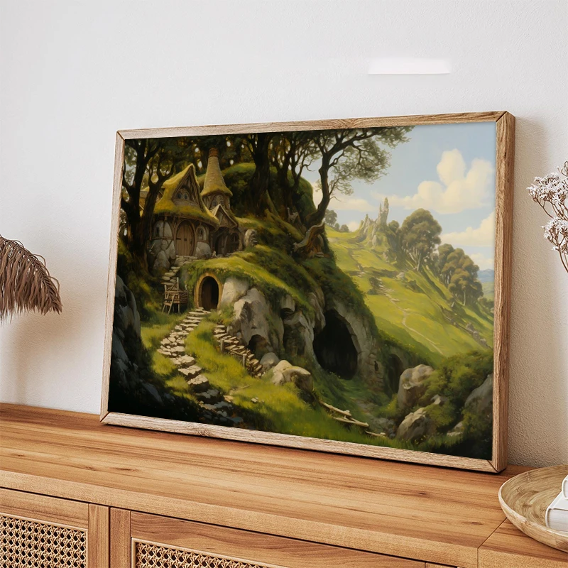 H-Hobbit House Canvas Painting Art Print, Shire Landscape Wall Art, Nature Countryside Fantasy for Living Room Home Decor
