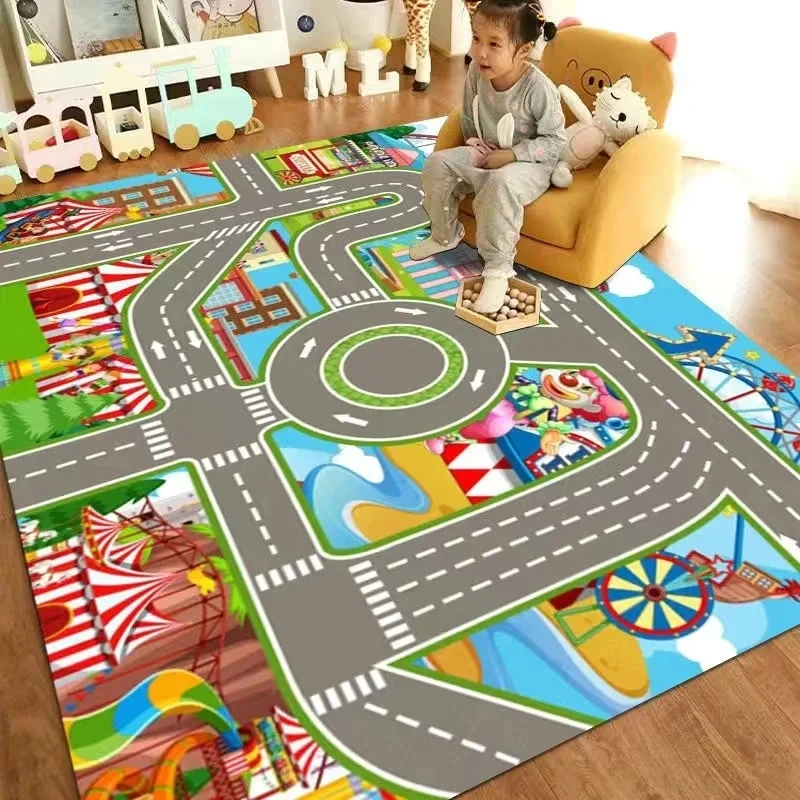 

Kids Play Mat With Road Parking Lot Amusement Park City Building Patterns Educational Soft Carpet For Children's Room