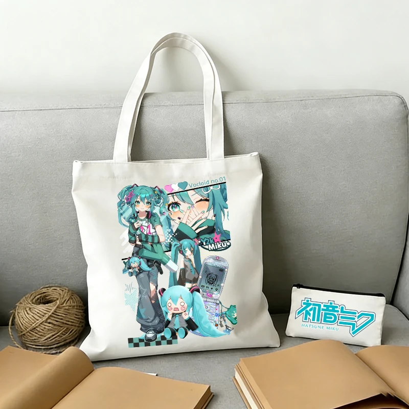

Woman Men Shoulder Bag Hatsunes Miku Printed Canvas Bag Cute Cartoon Tote Large Capacity Fashion Handbag Portable Shopping Bag