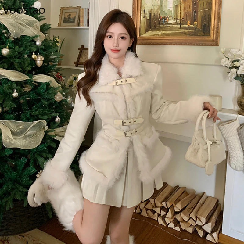 Korean 2 Piece Skirt Sets Women Casual Fake Fur Patchwork Elegant Y2k Jacket Mini Pleated Skirt Suit Female Fashion Coat Sets