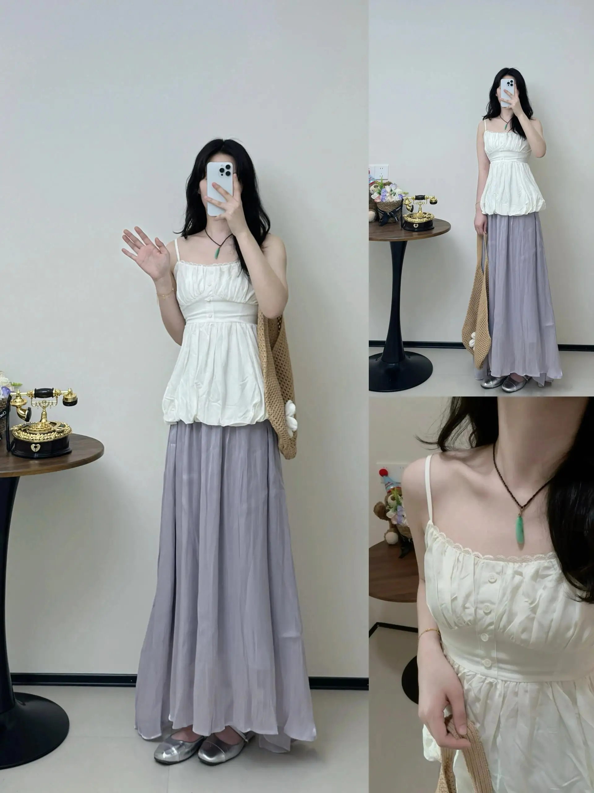 

Women's Summer Slimming Floral Print Crop Top And Skirt Set Purple Strap Vest Cover Belly High Waist Lace Detail Fashion Ense...