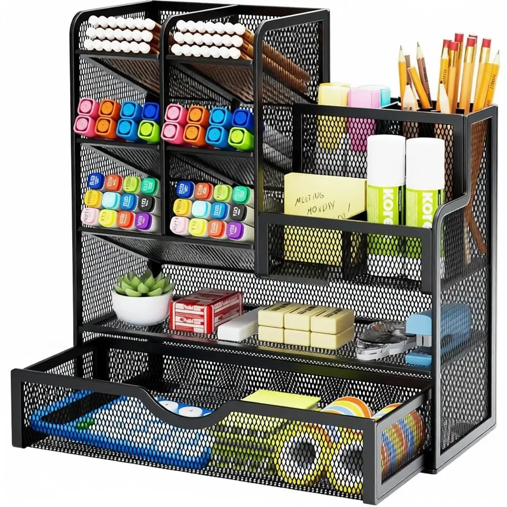 

Multi-Functional Pencil Holder with Drawer, Office Desk Organizer Accessories in Black