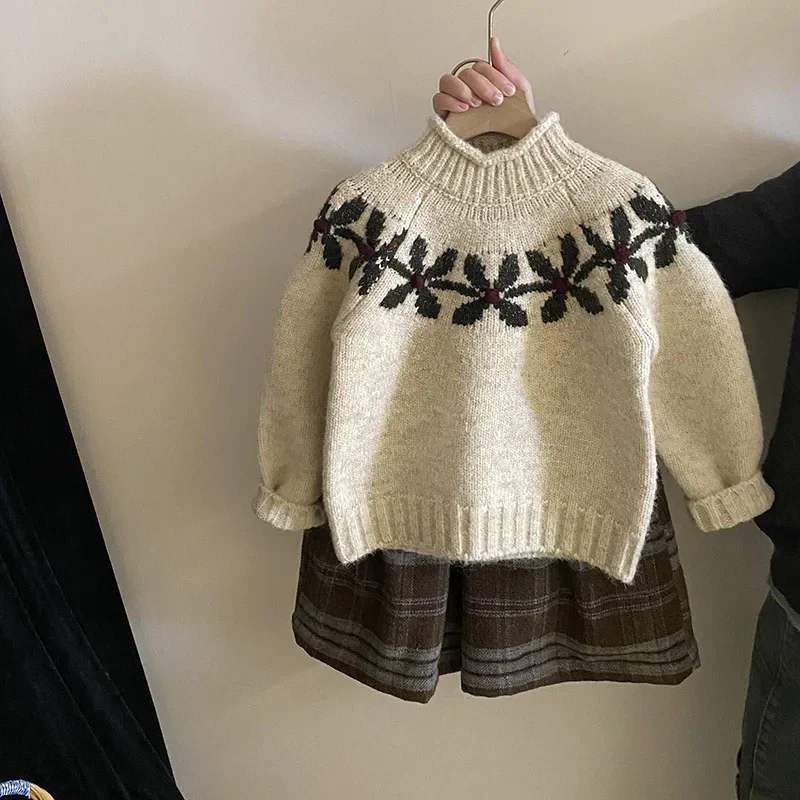 

Baby Girls Sets French Sweet Flower Knitted Sweater Retro Plaid Pants 2024 Autumn New Korean Style Childrens Two Piece Sets