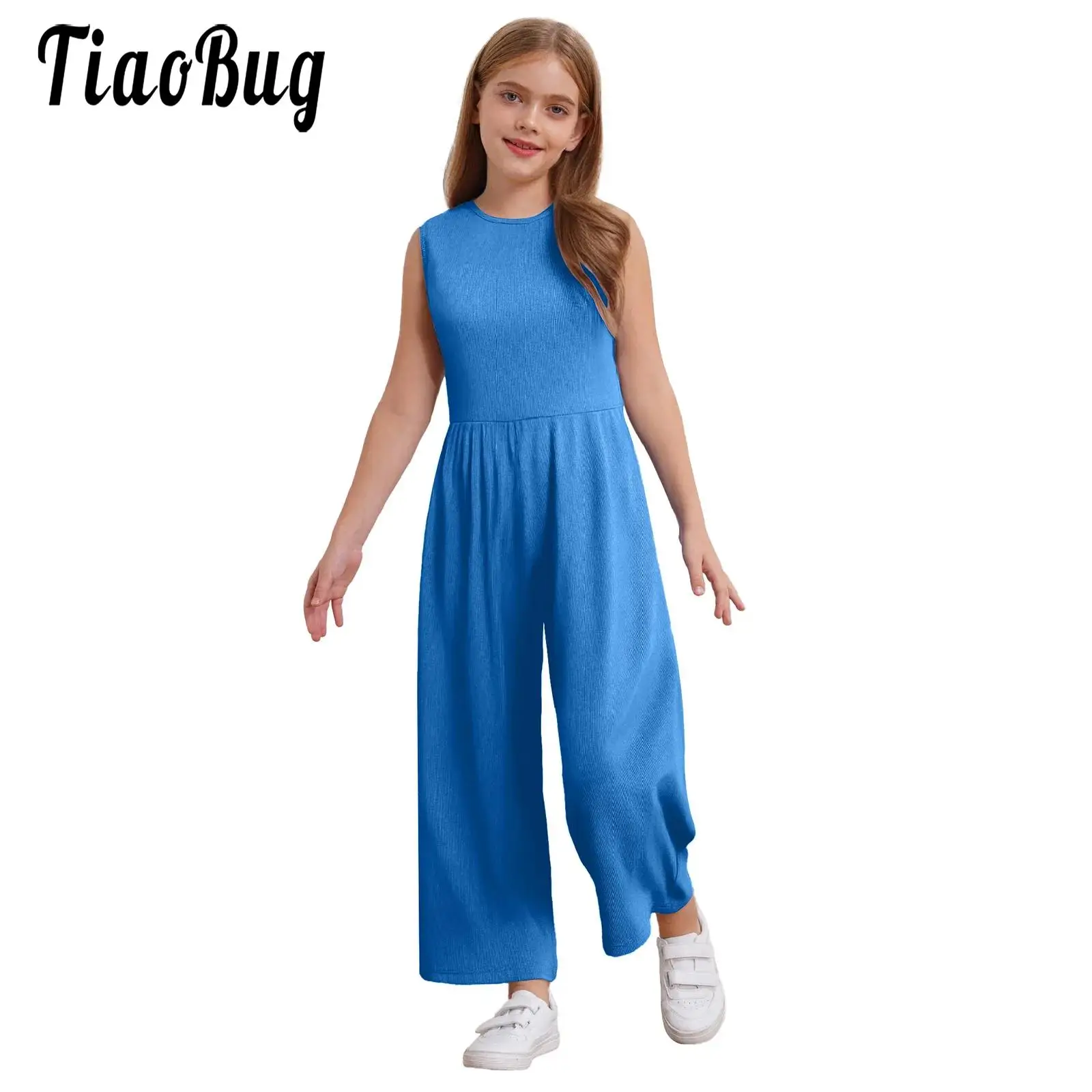 

Girls Casual Solid Color Wide-Leg Ribbed Jumpsuit Basic Round Neck Sleeveless Back Invisible Zipper Tank Rompers full Bodysuit