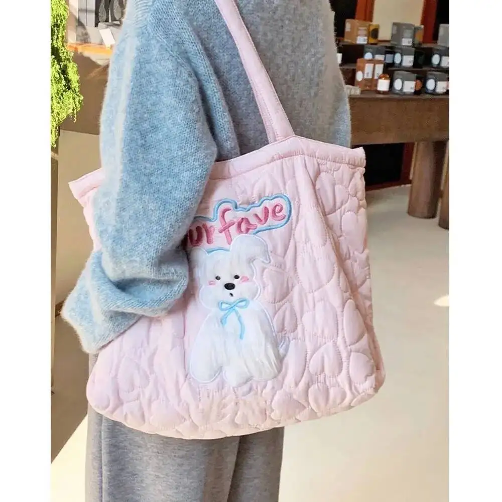 Bloom Haruku Pink Large Capacity Tote Bag Women Sweet Cute Puppy Embroidery Handbag Hot Girls Retro Shoulder Bags Aesthetic