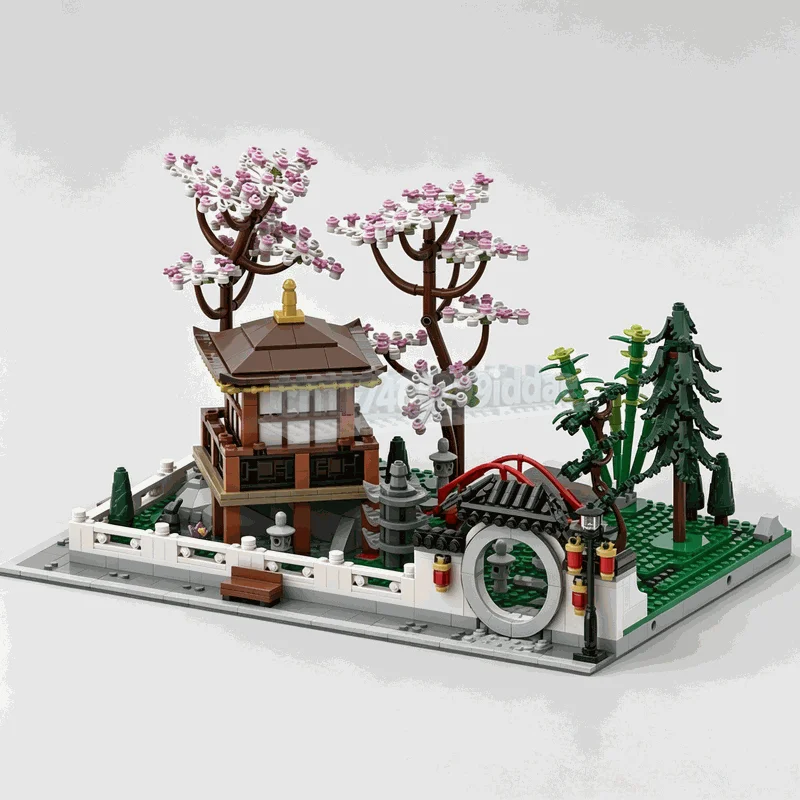 1686 pièces MOC Pavillon de jardin tranquille Fleur de cerisier Blocs de construction modulaires DIY Architecture créative Assemblage Décoration Cadeau