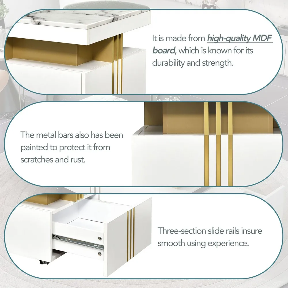 인조 대리석 상판이 있는 커피 테이블, 서랍과 바퀴가 있는 직사각형 중앙 테이블