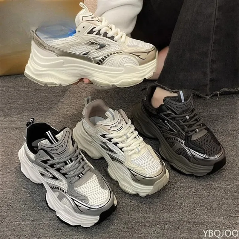 

Весенне-осенняя новая повседневная удобная дышащая женская спортивная обувь с сеткой, модные универсальные высокие туфли на толстой подошве