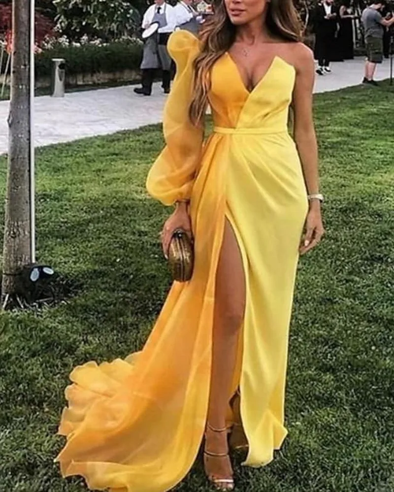 Sexy Gold Evening Formal Dress 2025 V Neck Long Sleeve Satin Organza Slit A-line Prom Pageant Gowns Robe De Soirée Customized