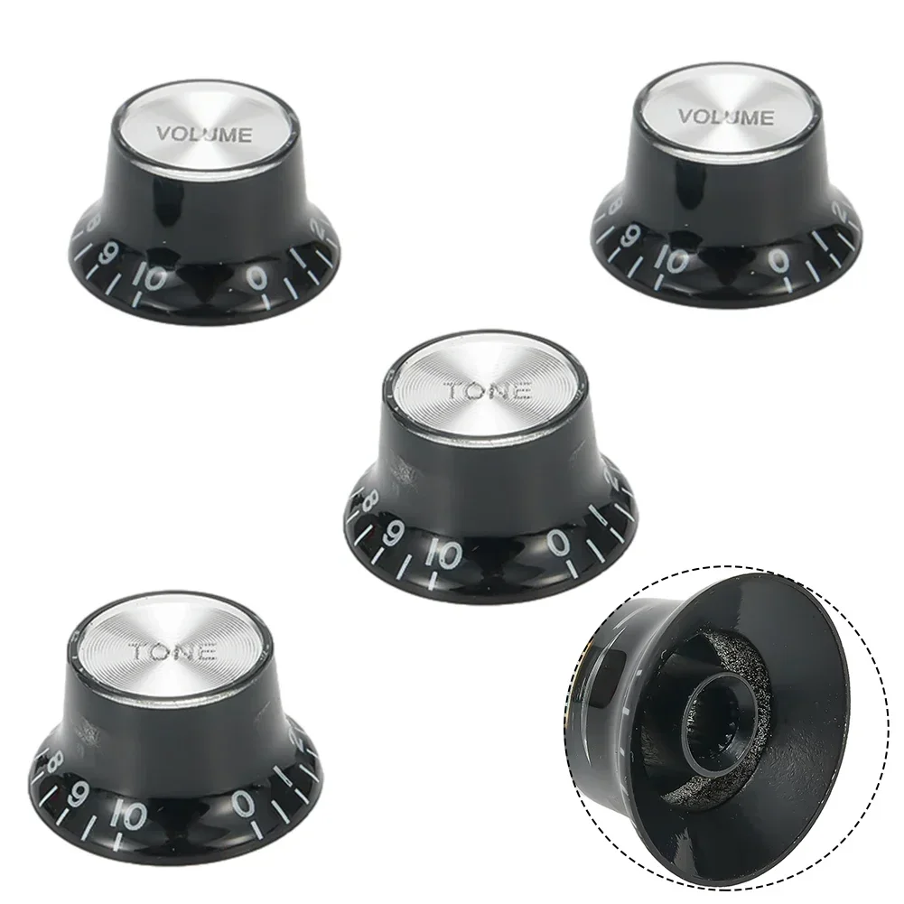 Guitar 2 Tone 2 Volume Control Knobs Silver Top Hat Bell For Gibson Les Paul SG Black & Transparent With Silver Top