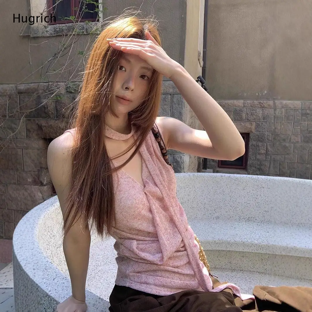 V Neck Wrap Sleeveless Knit Camisole Side Ruched Asymmetric Hem Heather Pink Slim Outdoor Casual Womens Top