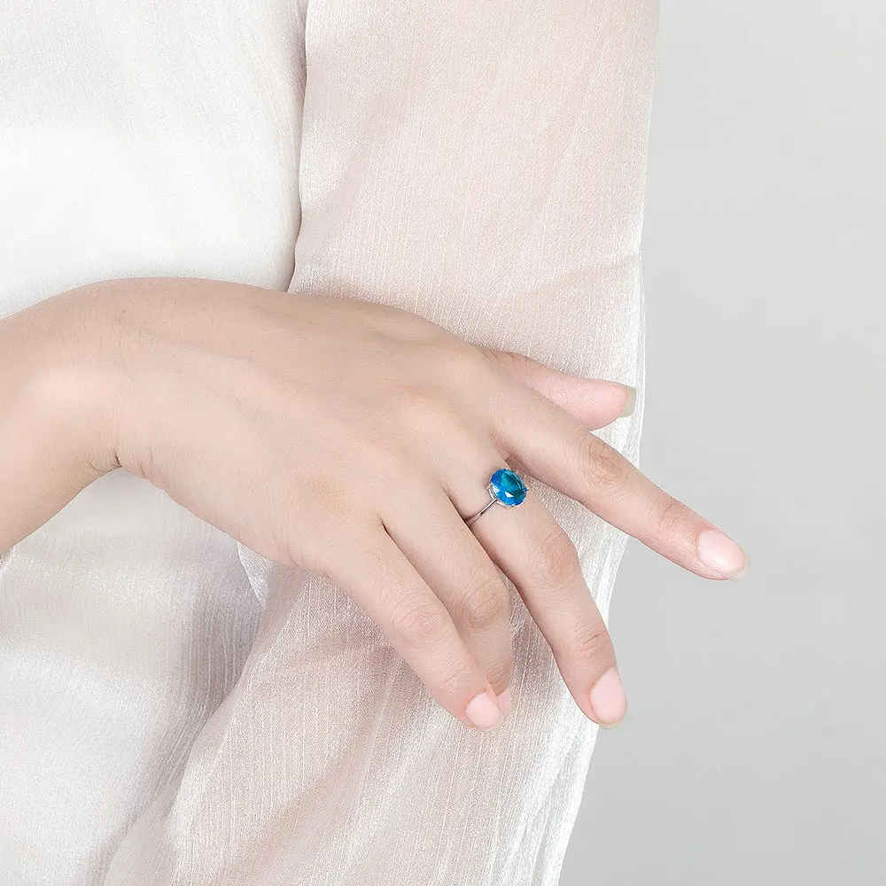حقيقي الطبيعية البيضاوي لندن الأزرق توباز 925 فضة خاتم سوليتير للمرأة موضة الأحجار الكريمة غرامة مجوهرات الزفاف Anillo