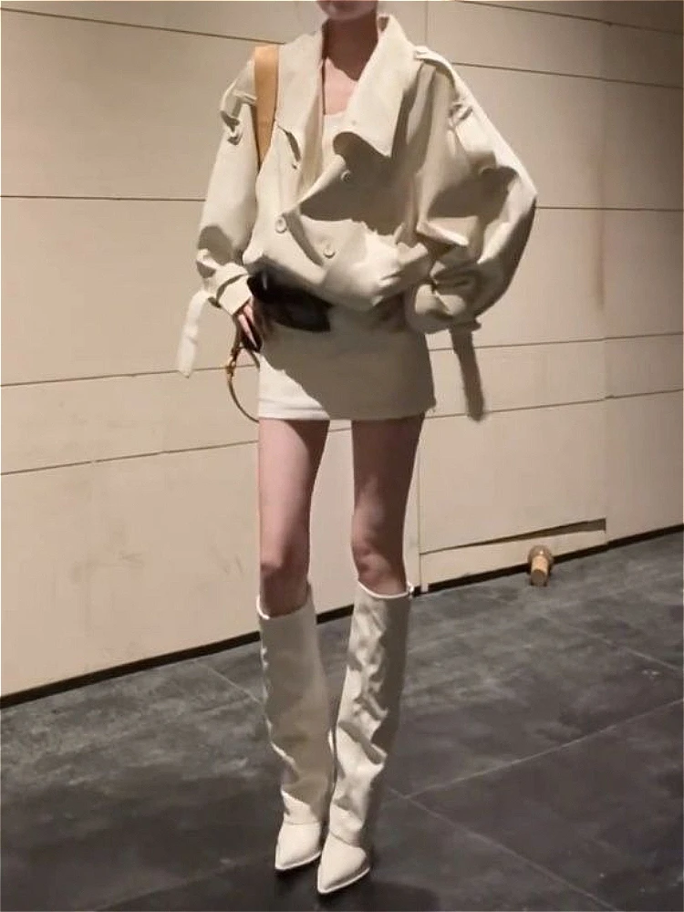 French Vintage 2 Piece Set Women Lapel Collar Button Front Cropped Trench Coat Bodycon Mini Skirt Slim Fit Elegant Daily Outfit