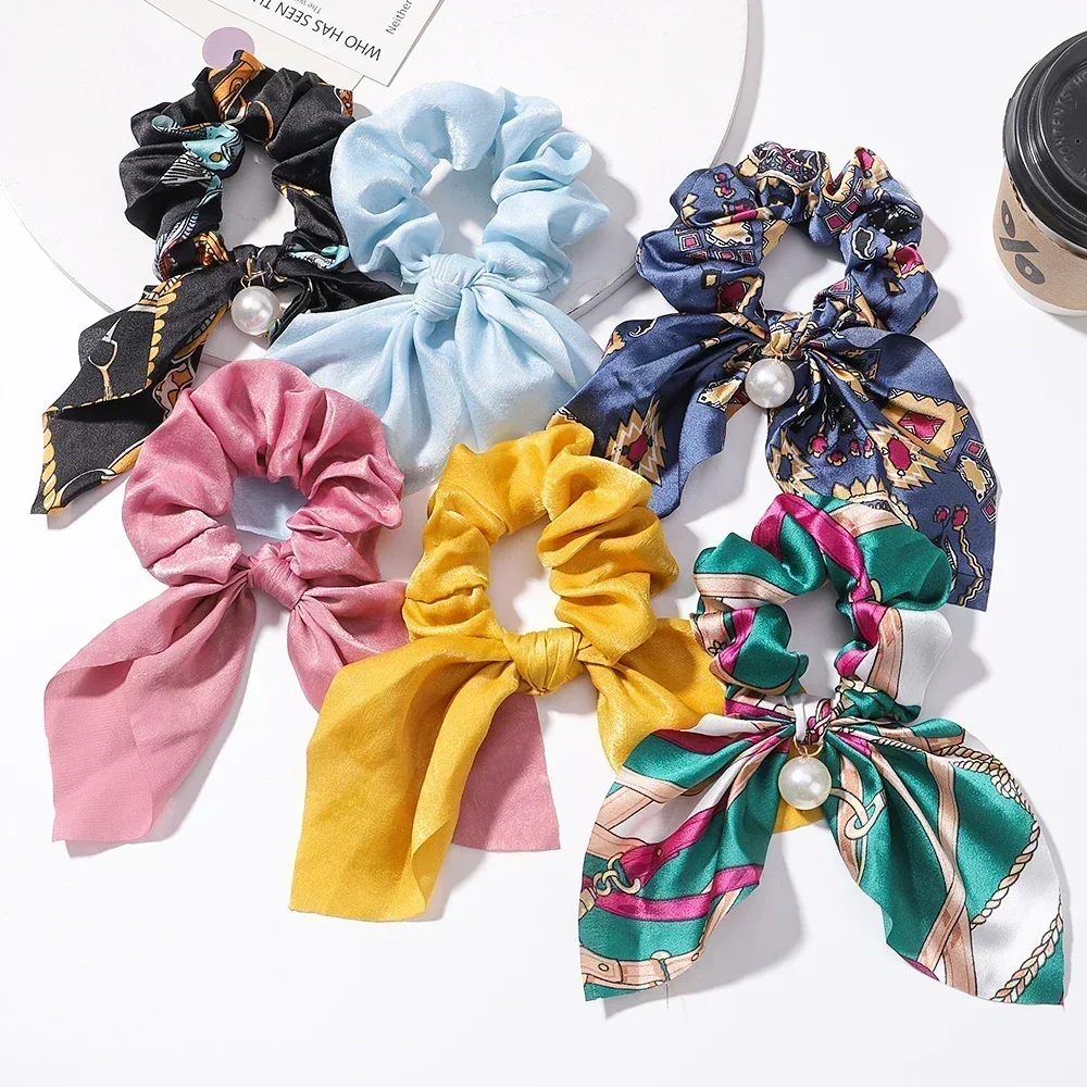 4Pcs/Lot Women Girls Chiffon Bowknot Silk Hair Scrunchies Set Pearl Ponytail Headband Hair Rope Headband Girls Hair Accessories